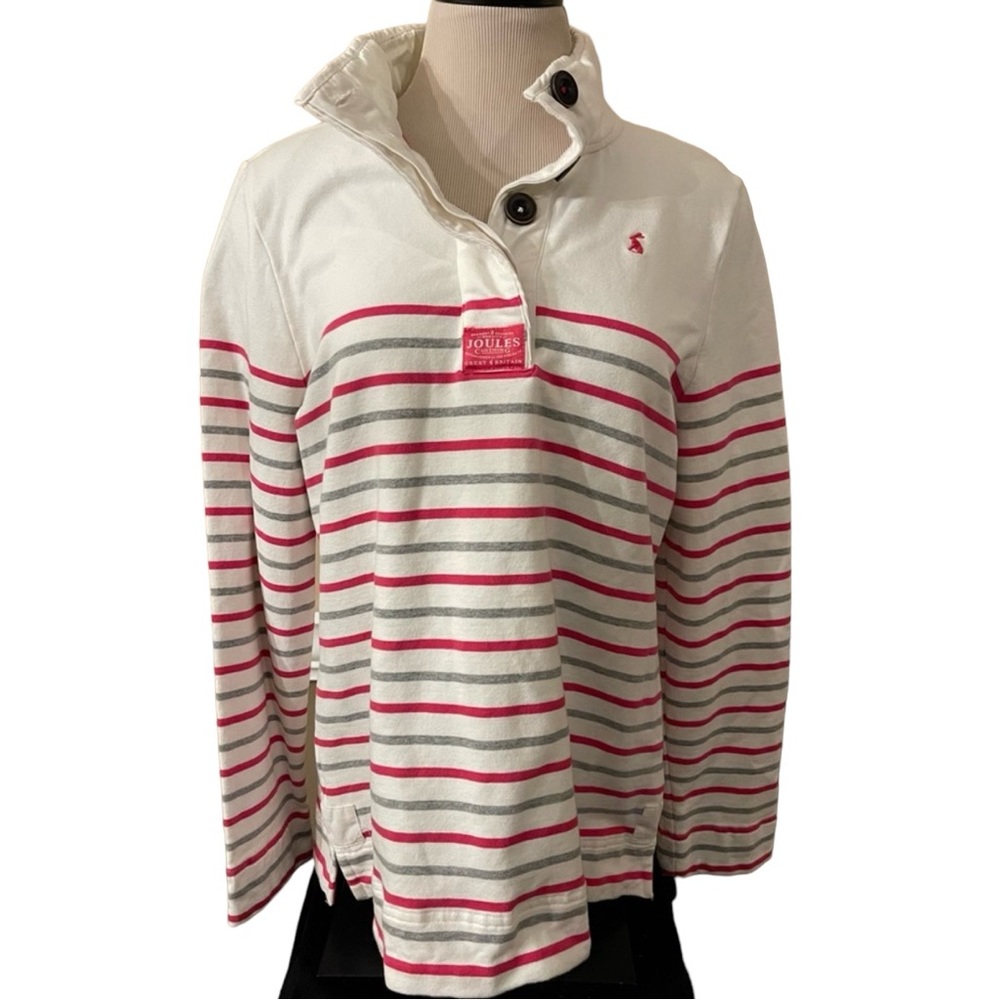 JOULES Cowdray Pink Grey Striped Preppy Pullover, Size 12